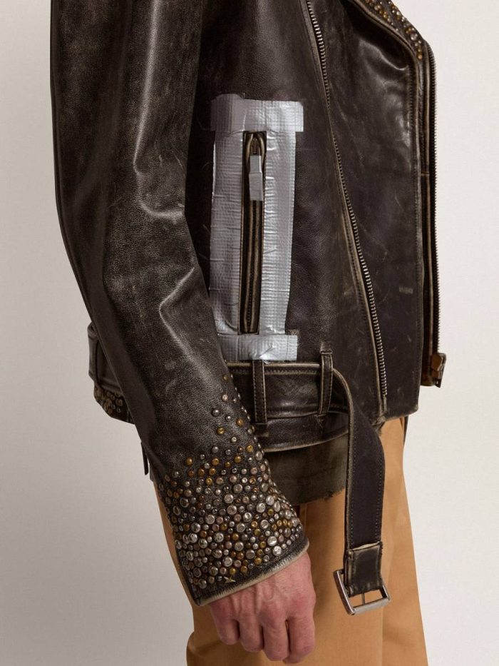 Men's Leather Biker Jacket With Hammered Studs And Adhesive Tape Coats & Jackets Men Golden Goose Black