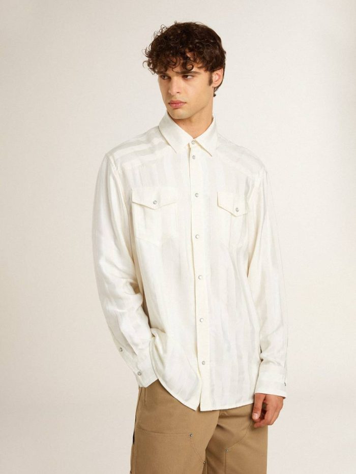 Men’s Oversized Worn-White Shirt With Vertical Stripes Men White Golden Goose Shirts