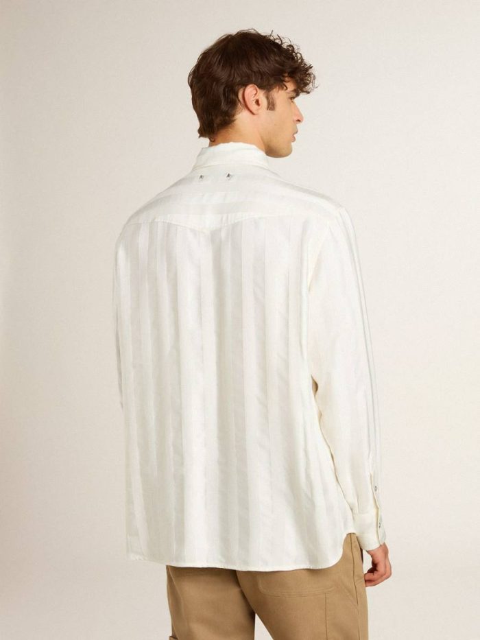 Men’s Oversized Worn-White Shirt With Vertical Stripes Men White Golden Goose Shirts