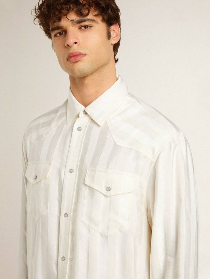 Men’s Oversized Worn-White Shirt With Vertical Stripes Men White Golden Goose Shirts