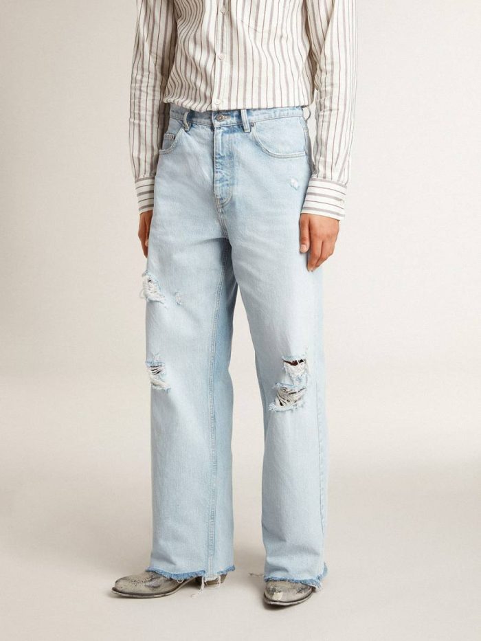 Men’s Pants In Lived-In Effect Denim Light Blue Golden Goose Men Jeans & Pants