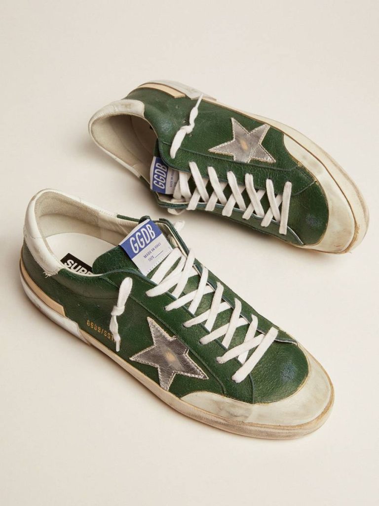 Men's Super-Star In Green Leather And Multifoxing Green Super-Star Men Golden Goose