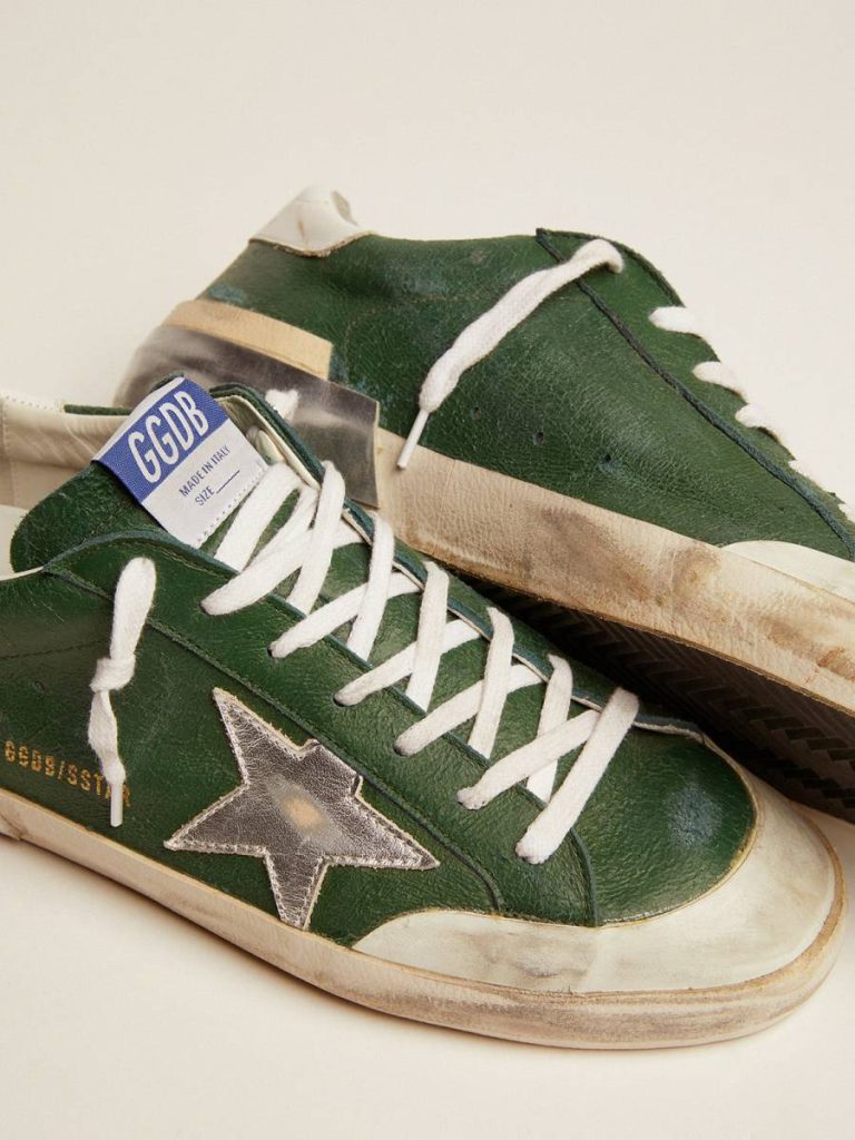 Men's Super-Star In Green Leather And Multifoxing Green Super-Star Men Golden Goose