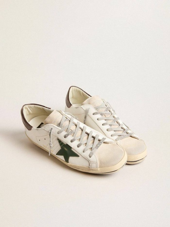 Men’s Super-Star In White Leather With Green Star And Animal-Print Heel Tab Golden Goose Super-Star Men