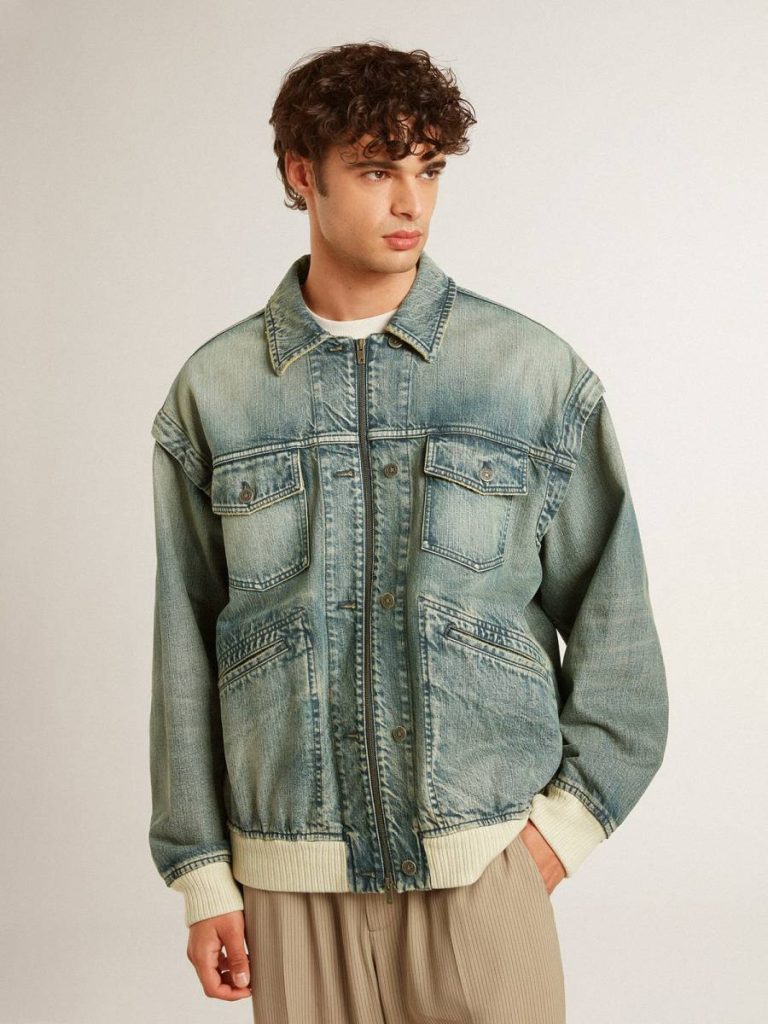 Men's Washed Denim Jacket With Wool Blend Ribbing Golden Goose Men Coats & Jackets Blue