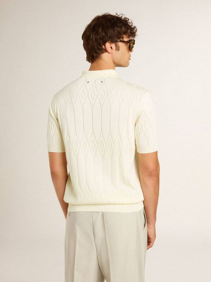 Men's White Jacquard Knit Polo Shirt White Men Golden Goose T-Shirts & Polo Shirts