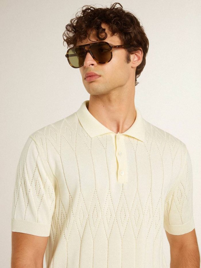 Men's White Jacquard Knit Polo Shirt White Men Golden Goose T-Shirts & Polo Shirts