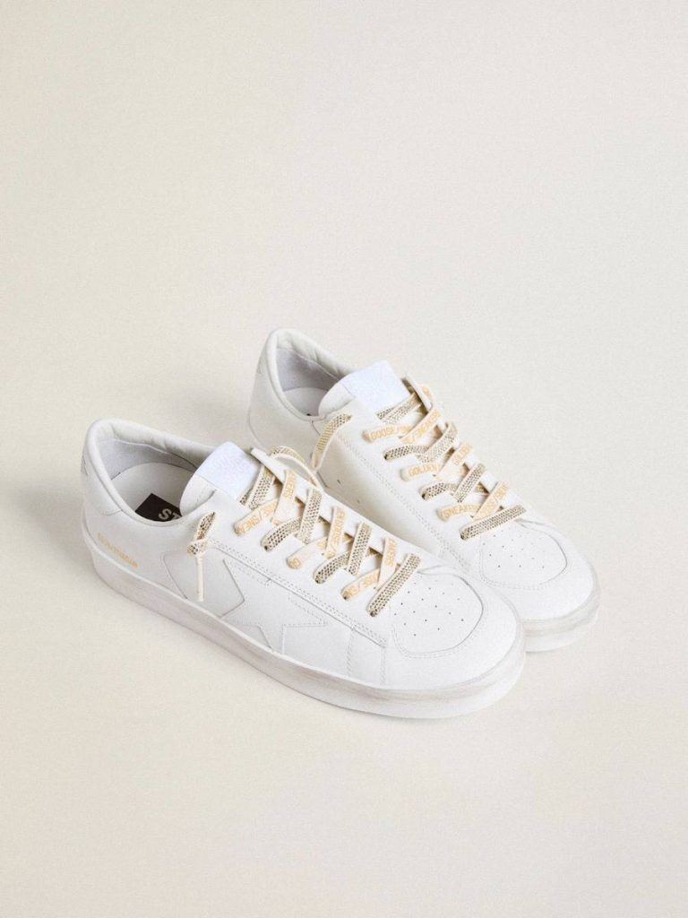 Optical White Golden Goose Laces Women Cotton Laces With Silver Swarovski Crystals And Gold-Colored Logo