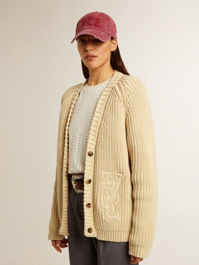 Parchment Women Women's Cotton Cardigan With Embroidery On The Front Knitwear Golden Goose