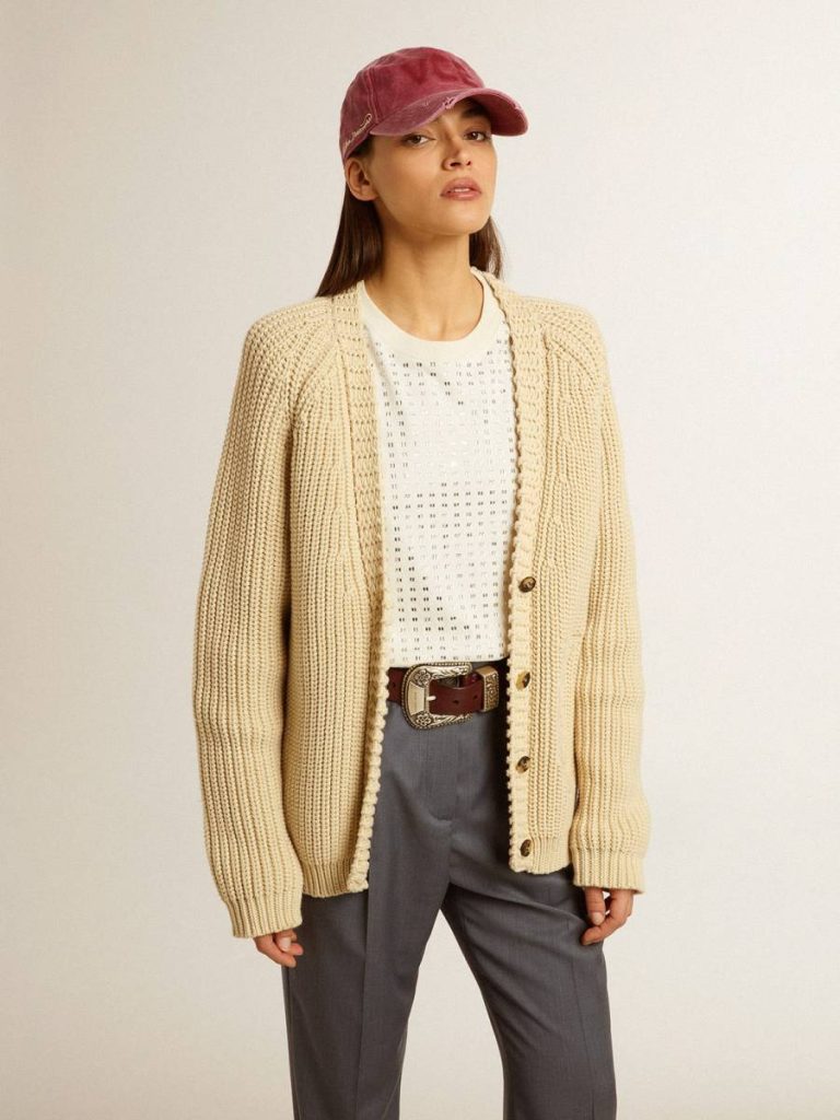 Parchment Women Women's Cotton Cardigan With Embroidery On The Front Knitwear Golden Goose