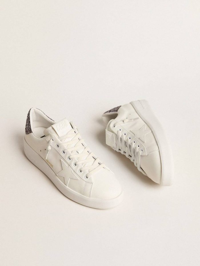 Purestar White Women’s Purestar With White Leather Star And Anthracite Glitter Heel Tab Women Golden Goose