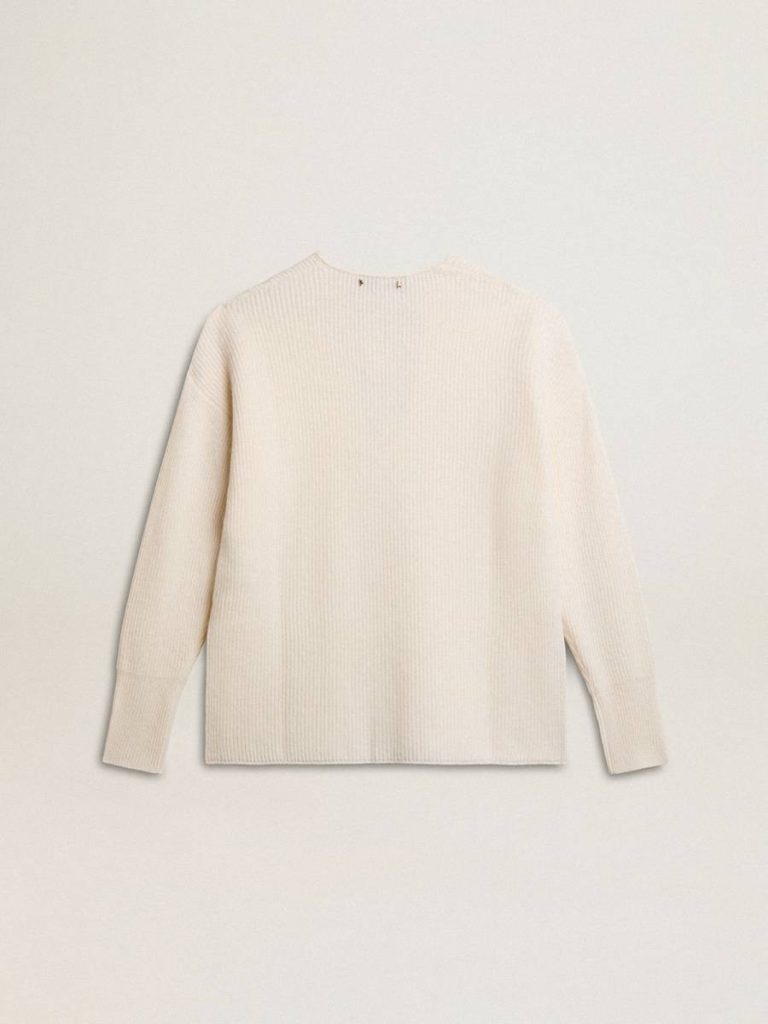 Ribbed Wool Sweater With V Neck And Drawstring With Tassels Knitwear Women Golden Goose Aged White