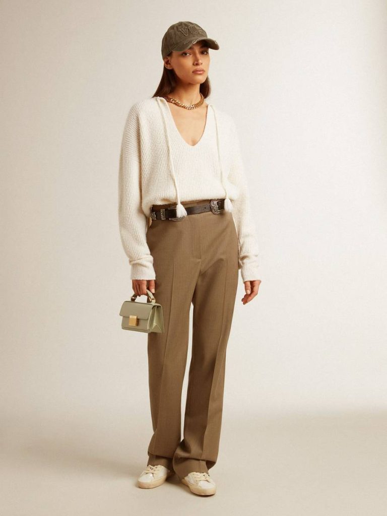 Ribbed Wool Sweater With V Neck And Drawstring With Tassels Knitwear Women Golden Goose Aged White