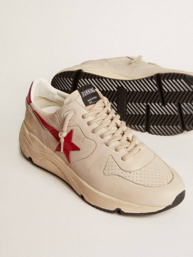 Running Sole Men Men's Running Sole In Gray Nappa Leather With Red Nappa Leather Star And Heel Tab Golden Goose
