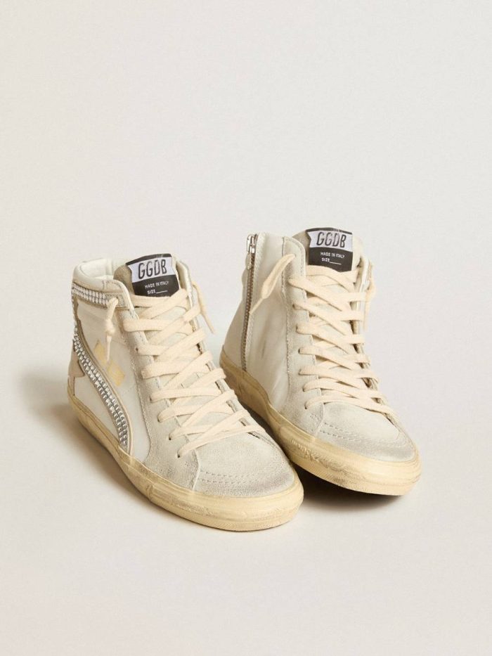 Slide Golden Goose Women White Slide With Nude Leather Star And Suede And Swarovski Crystal Flash