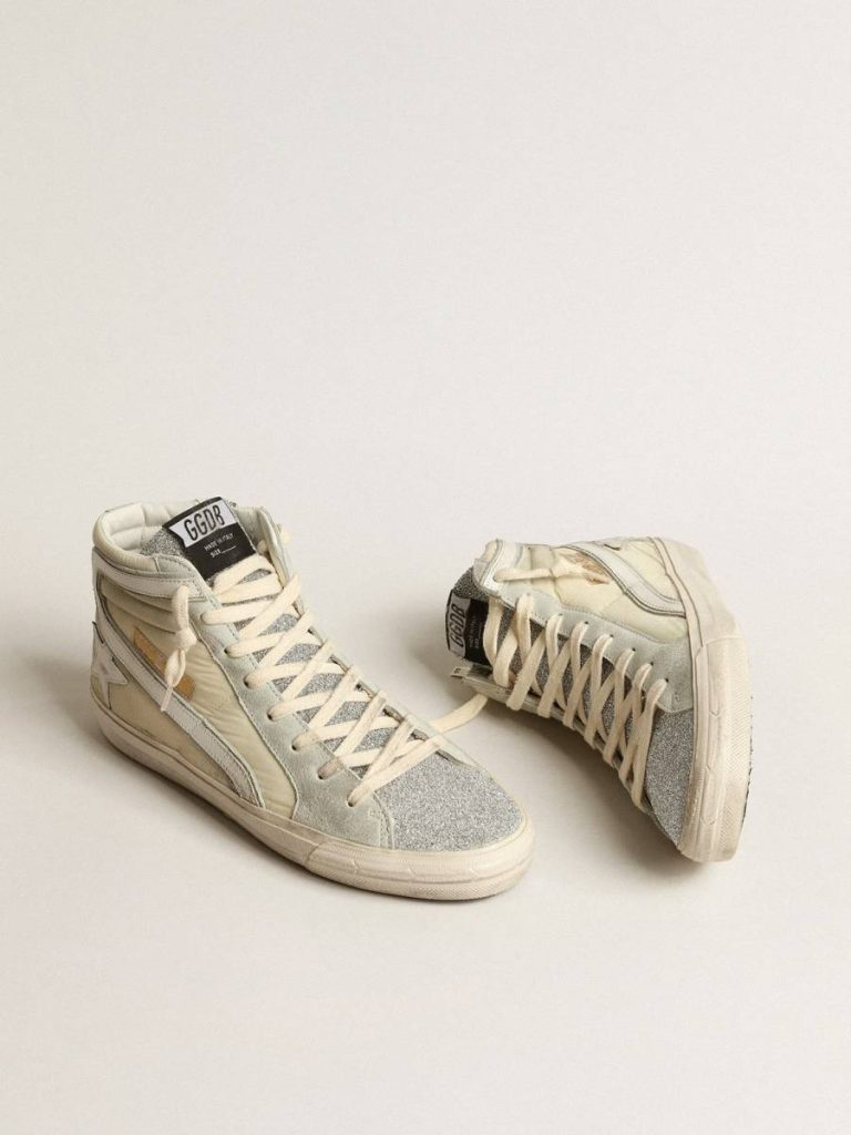 Slide Women Slide In Ivory Nylon With White Leather Star And Silver Swarovski Crystal Tongue Golden Goose