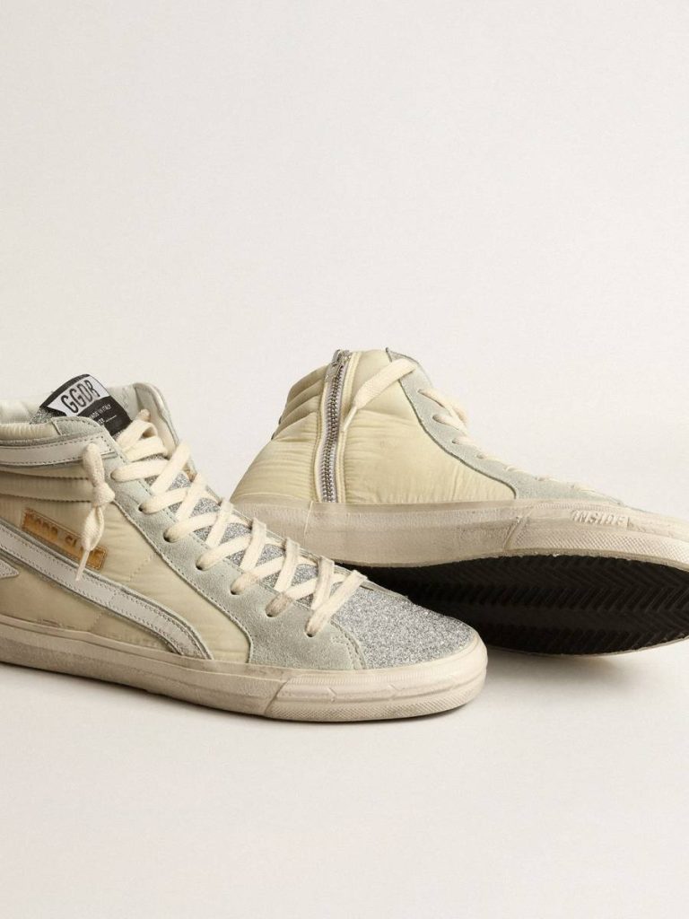 Slide Women Slide In Ivory Nylon With White Leather Star And Silver Swarovski Crystal Tongue Golden Goose