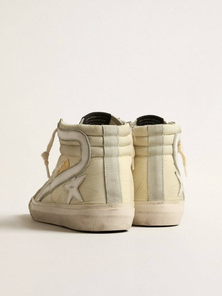 Slide Women Slide In Ivory Nylon With White Leather Star And Silver Swarovski Crystal Tongue Golden Goose
