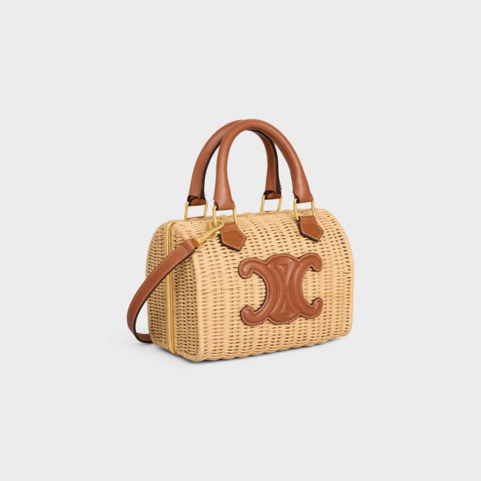 Small Boston Cuir Triomphe In Wicker And Calfskin Women Cross-Body Bags Celine Natural / Tan