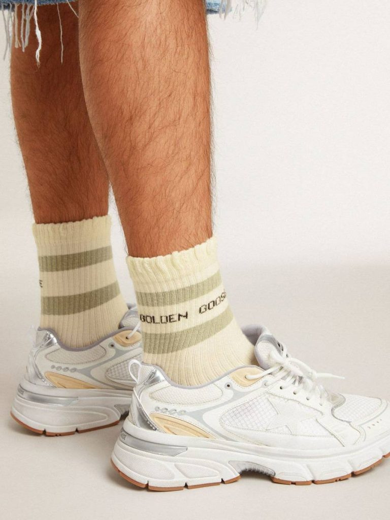 Socks Worn-White Socks With Distressed Details And Sage-Green Stripes Women Golden Goose Worn White