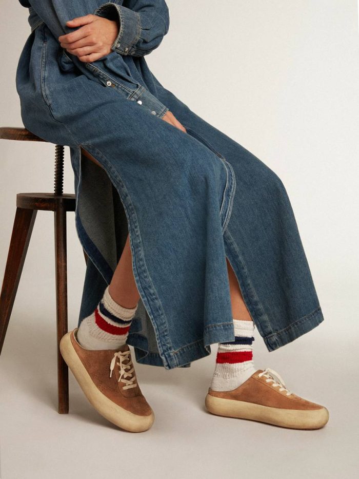 Space-Star Golden Goose Women Women's Space-Star Sabot In Tobacco-Colored Suede With Perforated Star