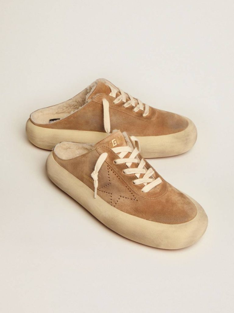 Space-Star Golden Goose Women Women's Space-Star Sabot Shoes In Tobacco-Colored Suede With Shearling Lining