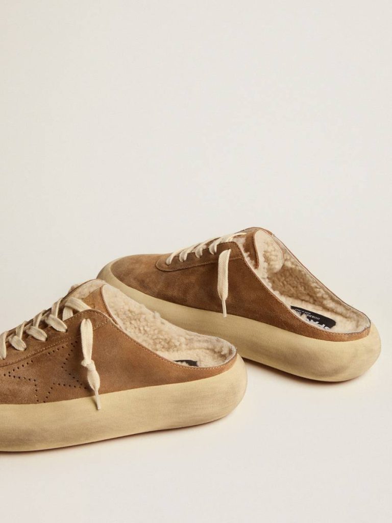 Space-Star Golden Goose Women Women's Space-Star Sabot Shoes In Tobacco-Colored Suede With Shearling Lining