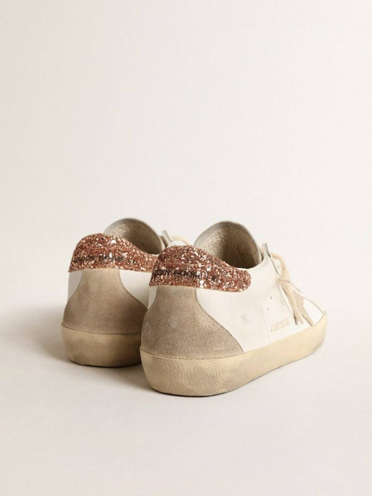 Super-Star Golden Goose Women White Women's Super-Star With A Suede Star And Peach-Pink Glitter Heel Tab