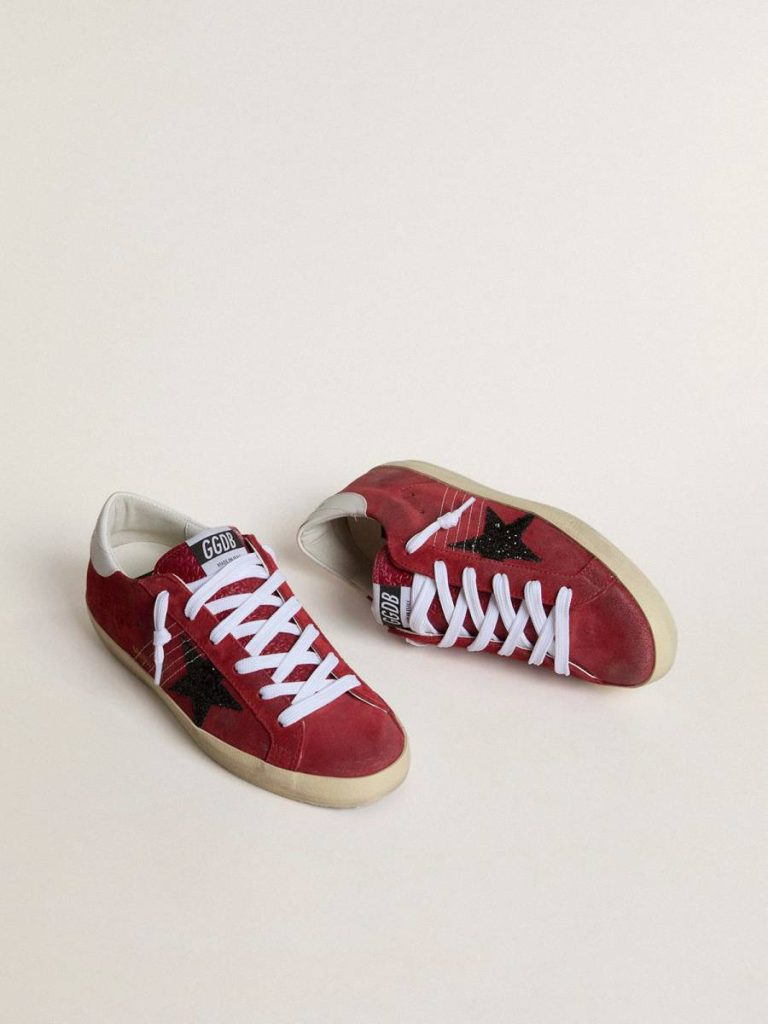 Super-Star Golden Goose Women’s Super-Star In Red Suede With Glitter Star And White Heel Tab Women