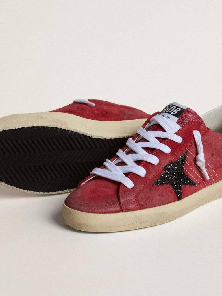 Super-Star Golden Goose Women’s Super-Star In Red Suede With Glitter Star And White Heel Tab Women