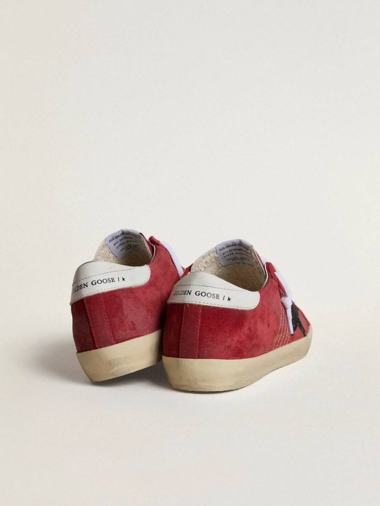 Super-Star Golden Goose Women’s Super-Star In Red Suede With Glitter Star And White Heel Tab Women