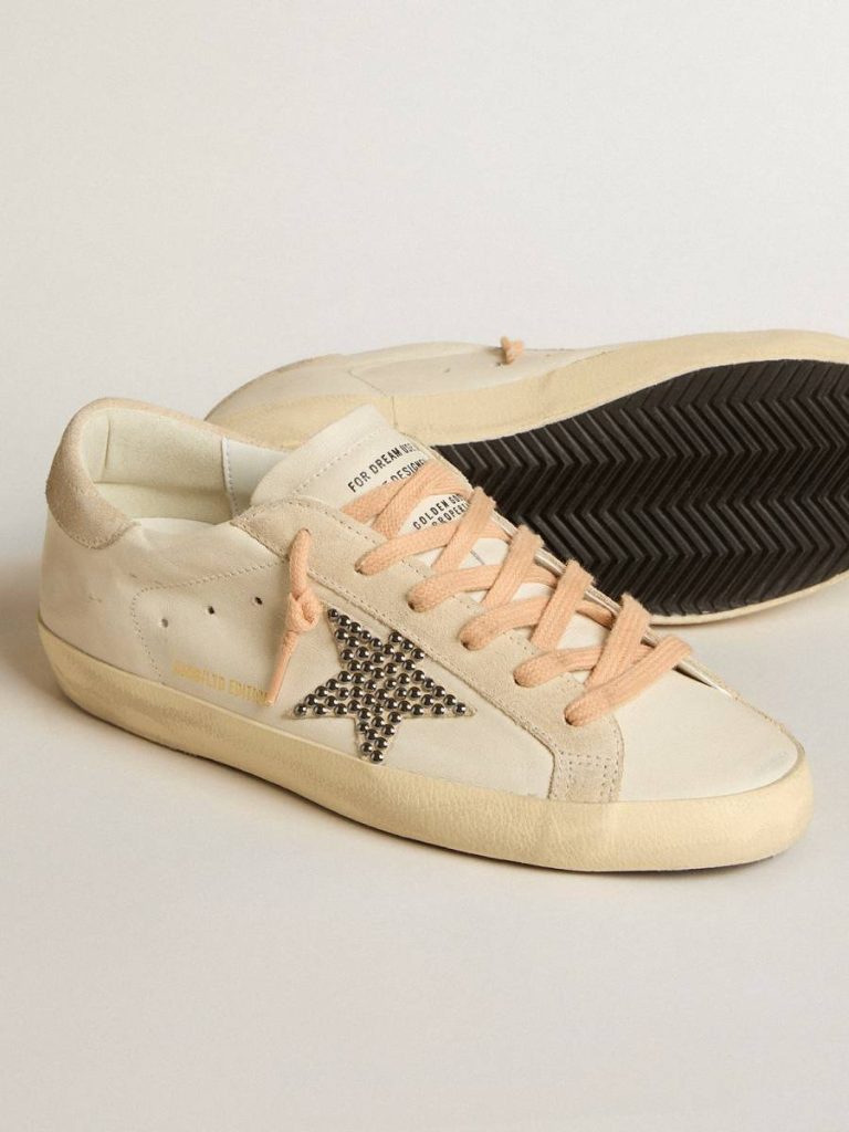 Super-Star Ltd In Leather With Beige Suede Star With Swarovski Studs Women Super-Star White Golden Goose