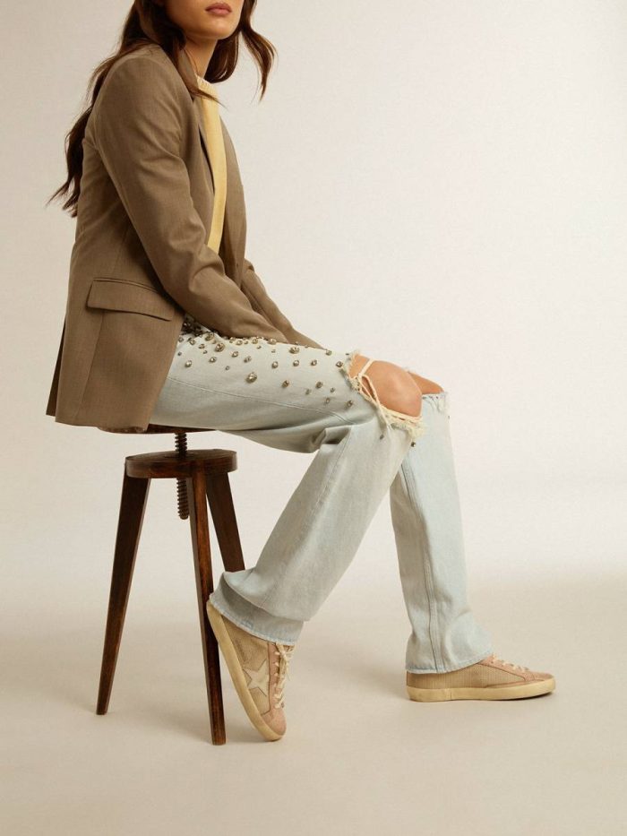 Super-Star Ltd In White Mesh And Pink Nubuck With Swarovski Crystals Heel Tab Super-Star Golden Goose Women