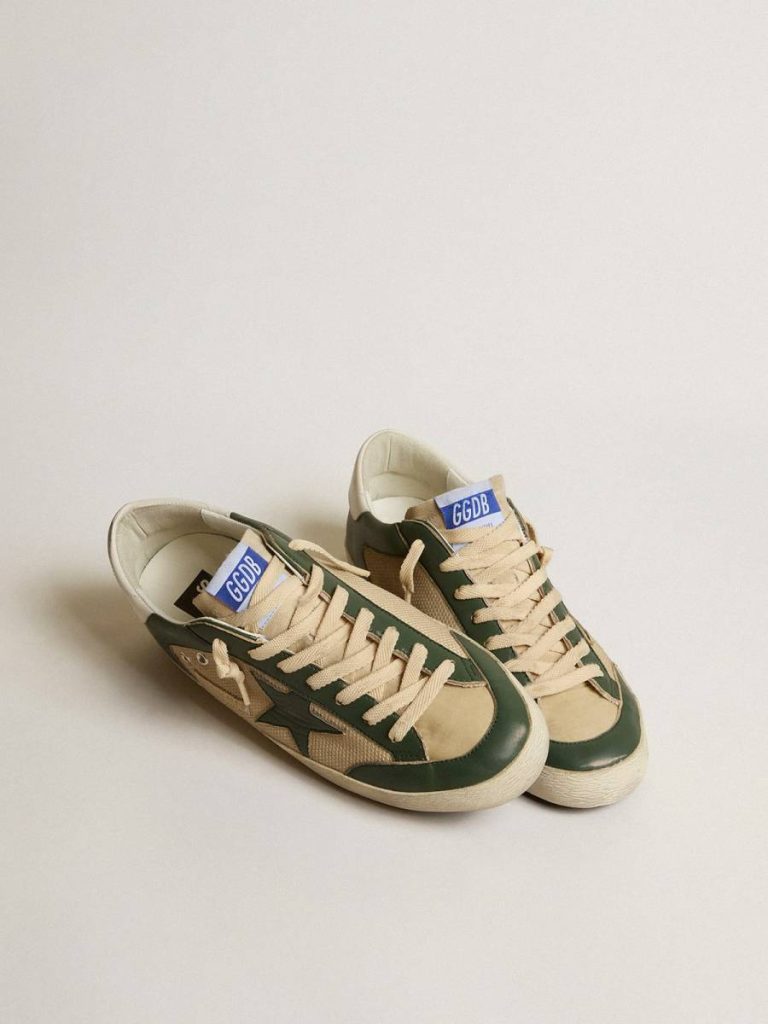 Super-Star Men Golden Goose Men's Super-Star Ltd In Cream Mesh And Green Nappa With Nappa Star