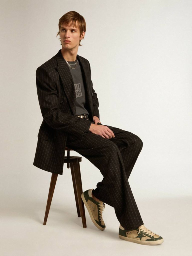 Super-Star Men Golden Goose Men's Super-Star Ltd In Cream Mesh And Green Nappa With Nappa Star