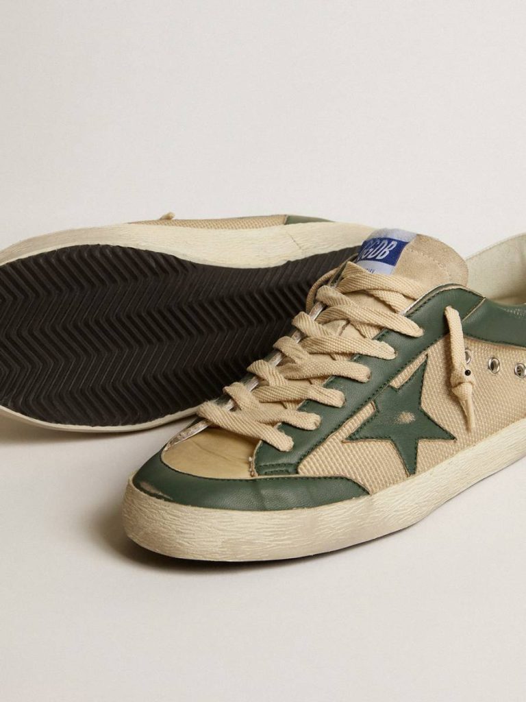 Super-Star Men Golden Goose Men's Super-Star Ltd In Cream Mesh And Green Nappa With Nappa Star