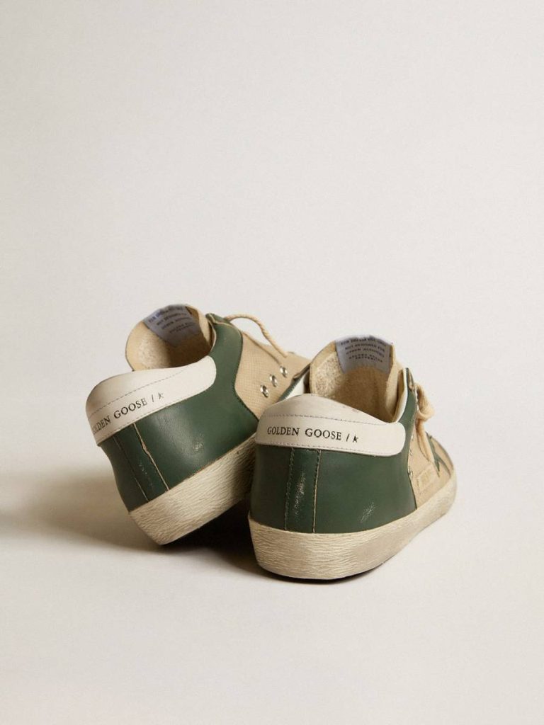 Super-Star Men Golden Goose Men's Super-Star Ltd In Cream Mesh And Green Nappa With Nappa Star