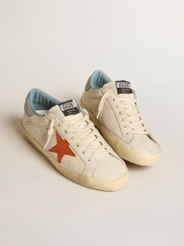 Super-Star Men Golden Goose Men's Super-Star With Crocodile-Print Star And Silver-Blue Heel Tab White