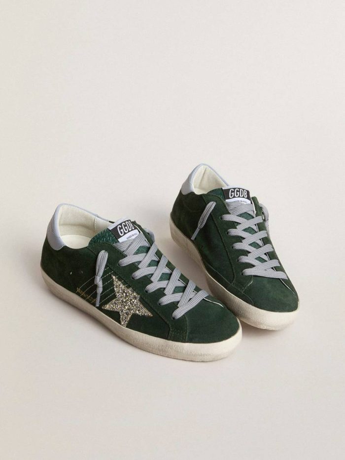 Super-Star Super-Star In Green Suede, Silver Glitter Star And Leather Heel Tab Golden Goose Women