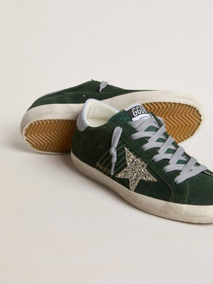 Super-Star Super-Star In Green Suede, Silver Glitter Star And Leather Heel Tab Golden Goose Women