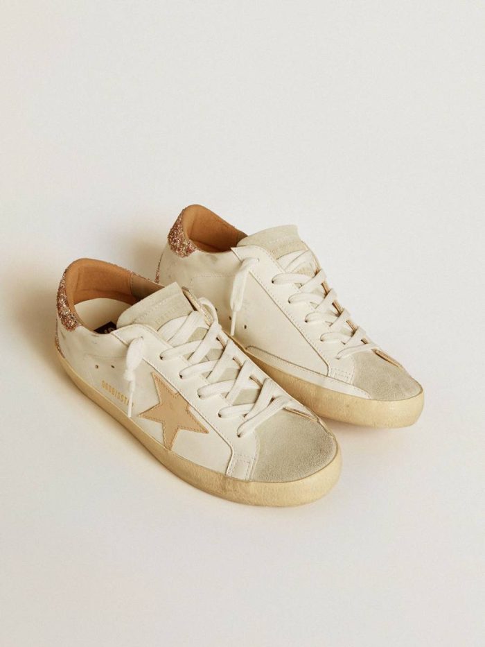 Super-Star Women Golden Goose White Women's Super-Star With Nude Leather Star And Gold Glitter Heel Tab