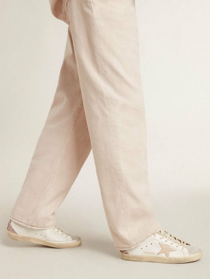 Super-Star Women Golden Goose White Women's Super-Star With Nude Leather Star And Gold Glitter Heel Tab