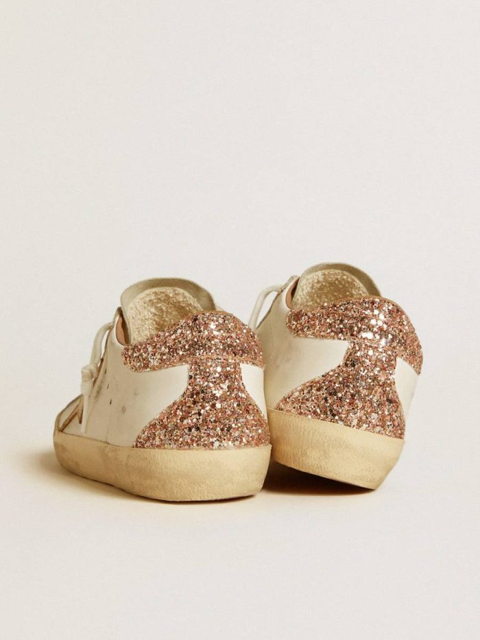 Super-Star Women Golden Goose White Women's Super-Star With Nude Leather Star And Gold Glitter Heel Tab
