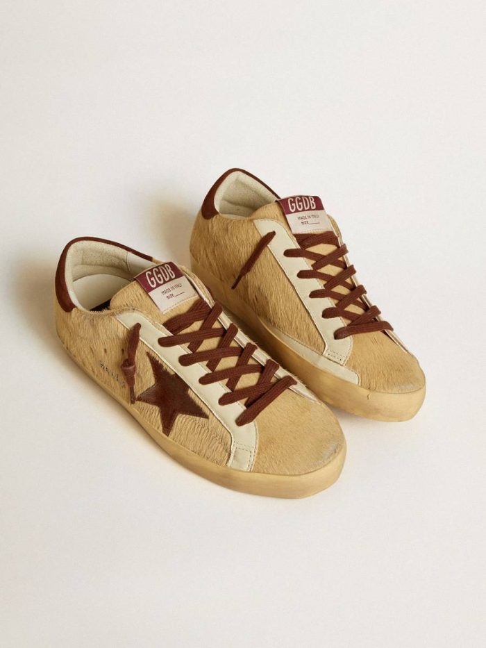 Super-Star Women Golden Goose Women’s Super-Star In Beige Pony Skin With Brown Suede Star And Heel Tab