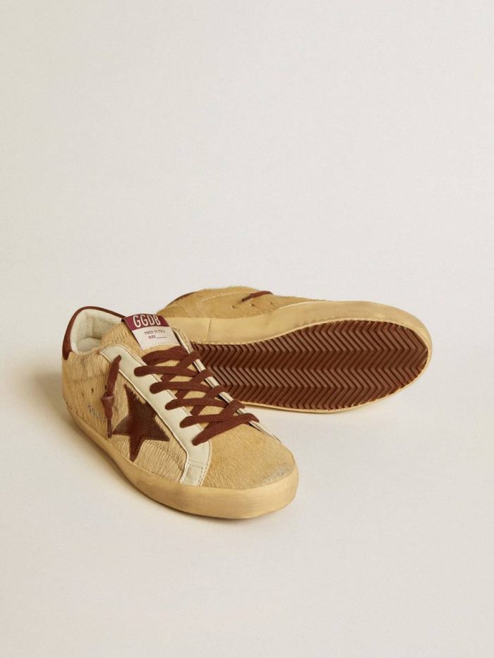 Super-Star Women Golden Goose Women’s Super-Star In Beige Pony Skin With Brown Suede Star And Heel Tab