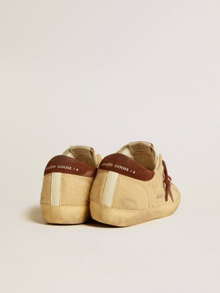Super-Star Women Golden Goose Women’s Super-Star In Beige Pony Skin With Brown Suede Star And Heel Tab