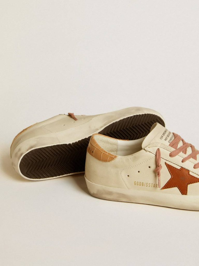 Super-Star Women Talc Golden Goose Women’s Super-Star With Leather Star And Crocodile-Print Leather Heel Tab
