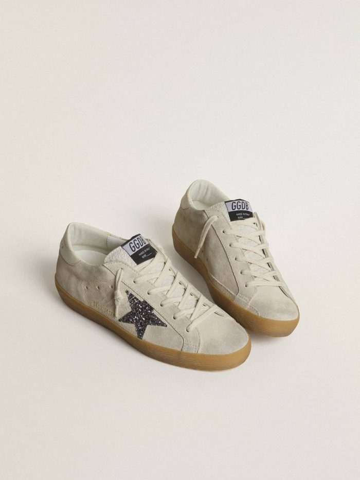Super-Star Women's Super-Star In Ice-Gray Suede With Silver Glitter Star And Leather Heel Tab Golden Goose Women