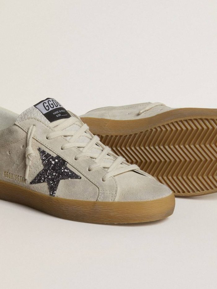 Super-Star Women's Super-Star In Ice-Gray Suede With Silver Glitter Star And Leather Heel Tab Golden Goose Women