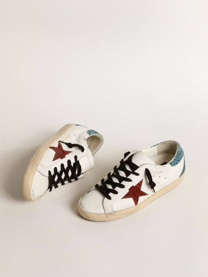 Super-Star Women’s Super-Star With Burgundy Suede Star And Light Blue Glitter Heel Tab Golden Goose Women